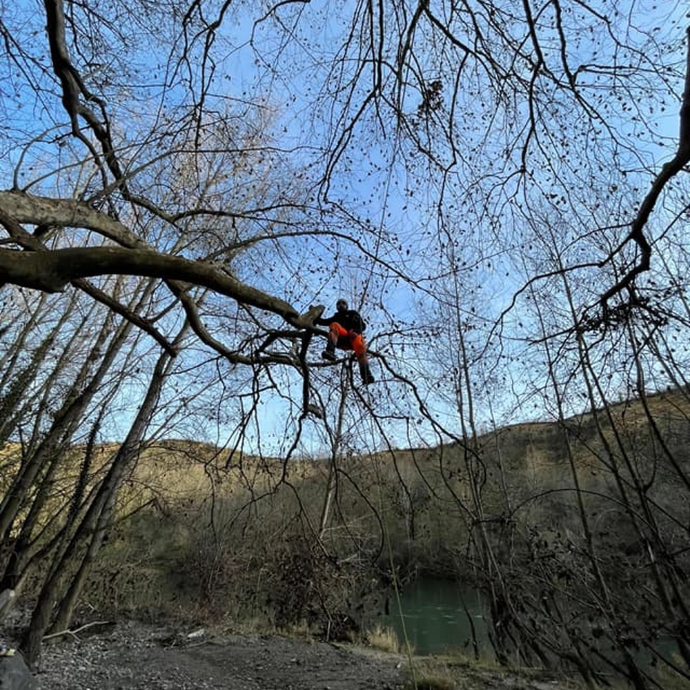 Élagage d'arbre : arboriste travaillant sur une branche Arboriste en pantalon orange assis sur une branche d'arbre nu surplombant une rivière, vue en contre-plongée.
